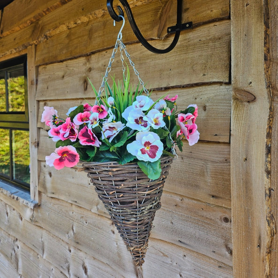 Pair of Best Artificial 30cm Pansy Flower Displays in 10" Wicker Rattan Cone Baskets - Suitable for Outdoor, Indoor and Garden (Pink & White)