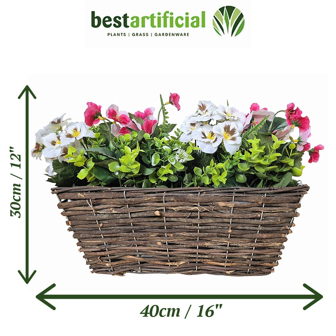 Best Artificial Pre-Made 40cm Pansy Flower Arrangement in Rattan Wicker Trough Pot - Suitable For Outside Use
