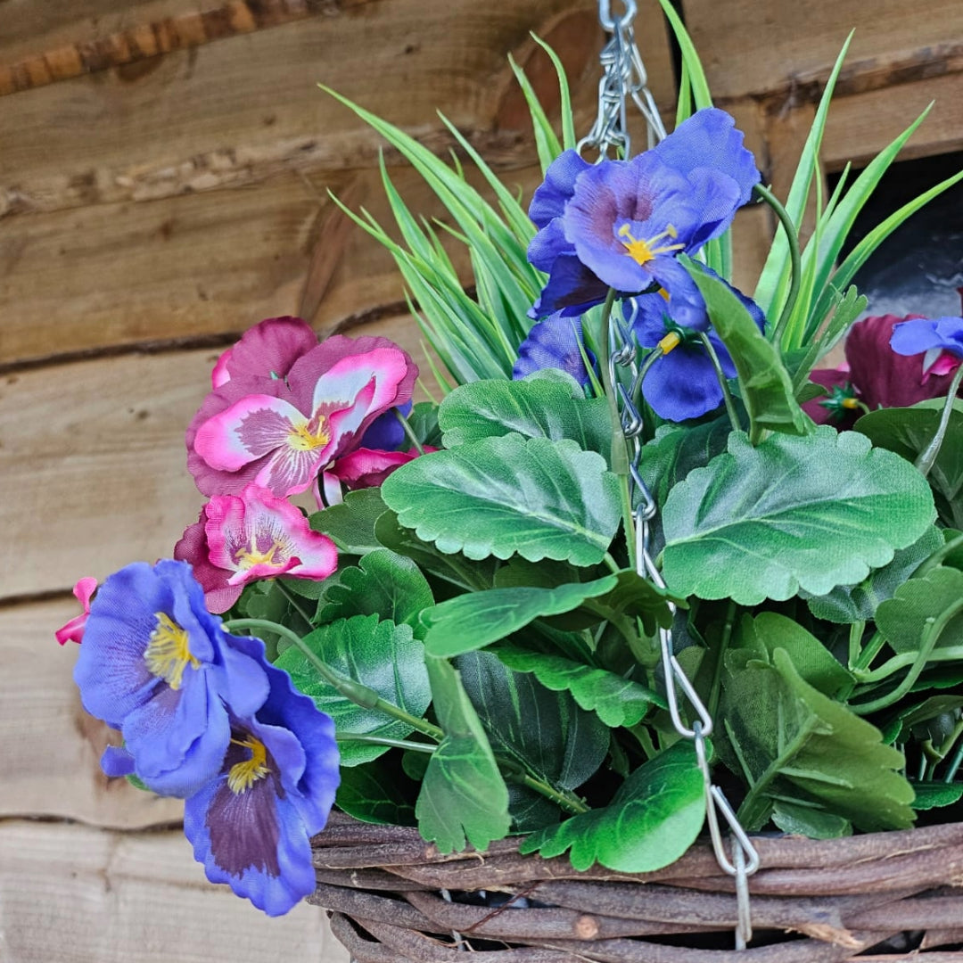 Pair Of Best Artificial 10 inch Pansy Hanging Baskets - Suitable for Outdoor Use - Weather Resistant (Plum & Lilac)