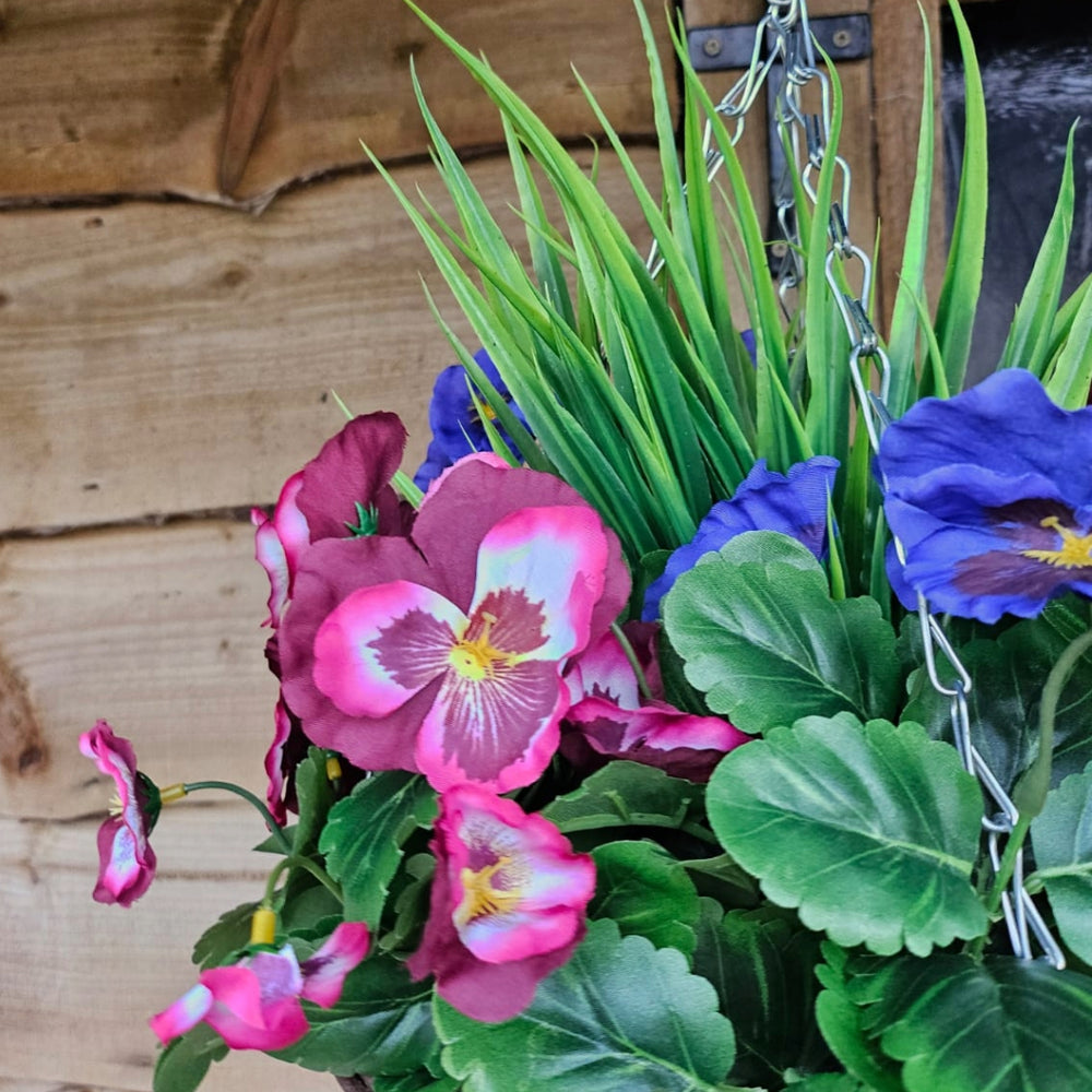 Pair Of Best Artificial 10 inch Pansy Hanging Baskets - Suitable for Outdoor Use - Weather Resistant (Plum & Lilac)