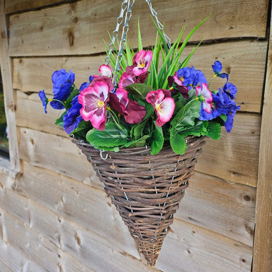 Pair of Best Artificial 30cm Pansy and Geranium Flower Displays in 10" Wicker Rattan Cone Baskets - Suitable for Outdoor, Indoor and Garden