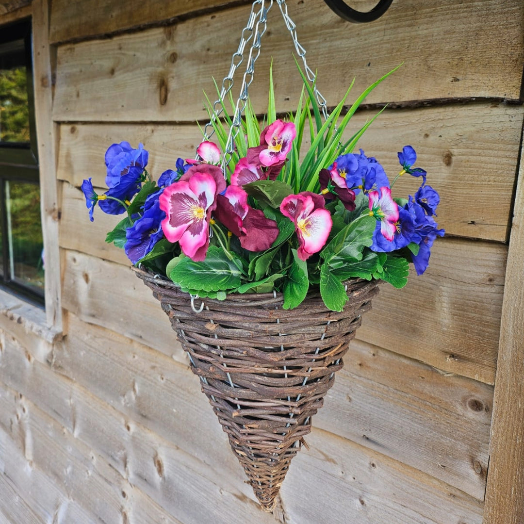 Pair of Best Artificial 30cm Pansy Flower Displays in 10" Wicker Rattan Cone Baskets - Suitable for Outdoor, Indoor and Garden (Plum & Lilac)