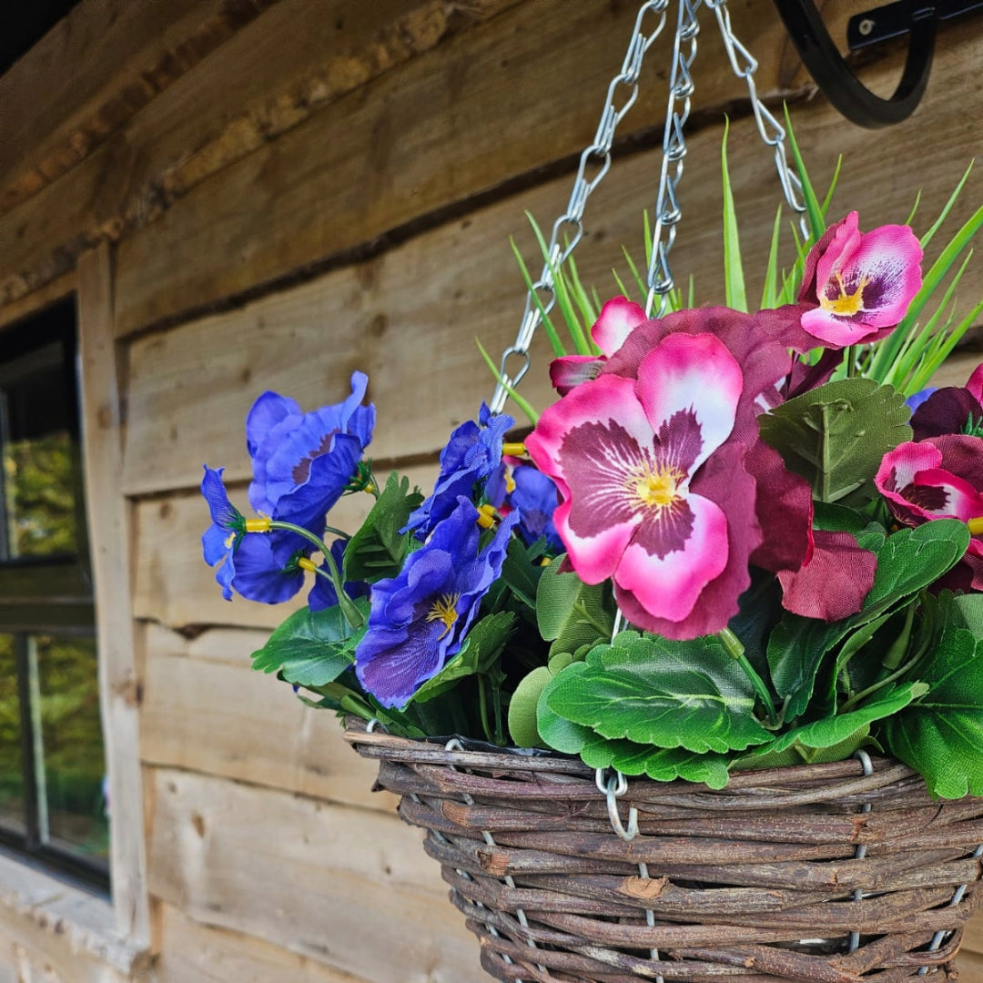 Pair of Best Artificial 30cm Pansy Flower Displays in 10" Wicker Rattan Cone Baskets - Suitable for Outdoor, Indoor and Garden (Plum & Lilac)