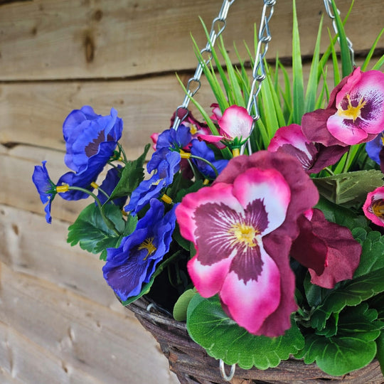 Pair of Best Artificial 30cm Pansy and Geranium Flower Displays in 10" Wicker Rattan Cone Baskets - Suitable for Outdoor, Indoor and Garden