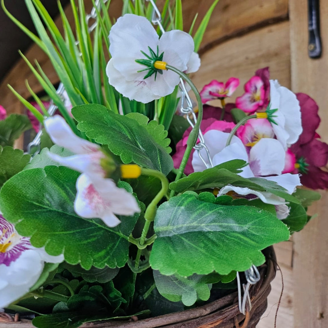 Pair Of Best Artificial 10 inch Pansy Hanging Baskets - Suitable for Outdoor Use - Weather Resistant (Plum & White)