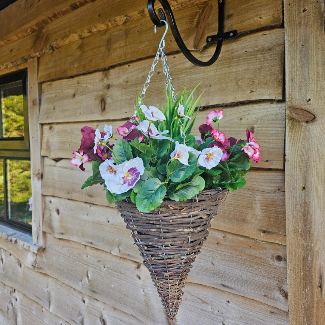 Pair of Best Artificial 30cm Pansy Flower Displays in 10" Wicker Rattan Cone Baskets - Suitable for Outdoor, Indoor and Garden (Plum & White)