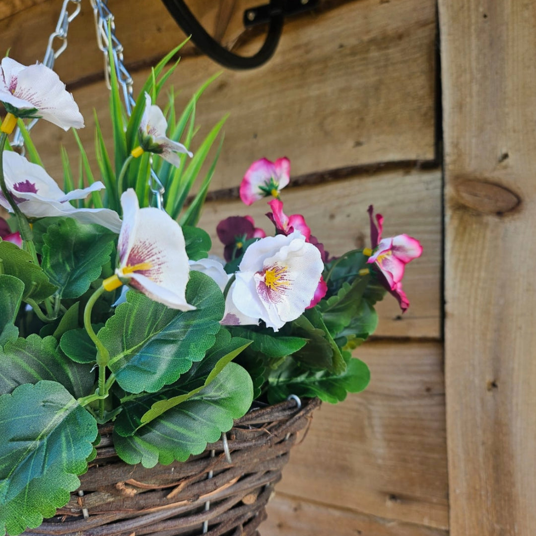 Pair of Best Artificial 30cm Pansy Flower Displays in 10" Wicker Rattan Cone Baskets - Suitable for Outdoor, Indoor and Garden (Plum & White)