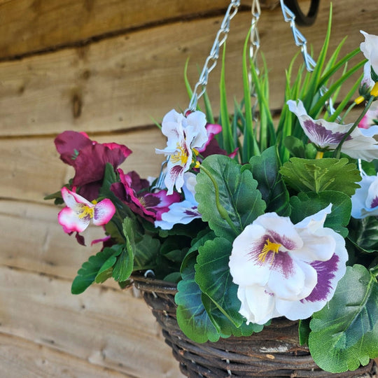 Pair of Best Artificial 30cm Pansy Flower Displays in 10" Wicker Rattan Cone Baskets - Suitable for Outdoor, Indoor and Garden (Plum & White)