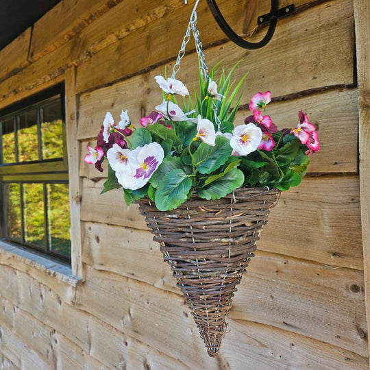 Pair of Best Artificial 30cm Pansy and Geranium Flower Displays in 10" Wicker Rattan Cone Baskets - Suitable for Outdoor, Indoor and Garden