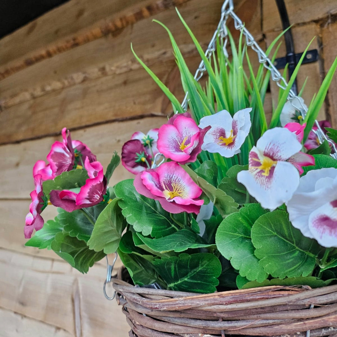 Best Artificial 23cm Pansy Hanging Basket - Suitable for Outdoor Use - Weather Resistant (Plum & White)