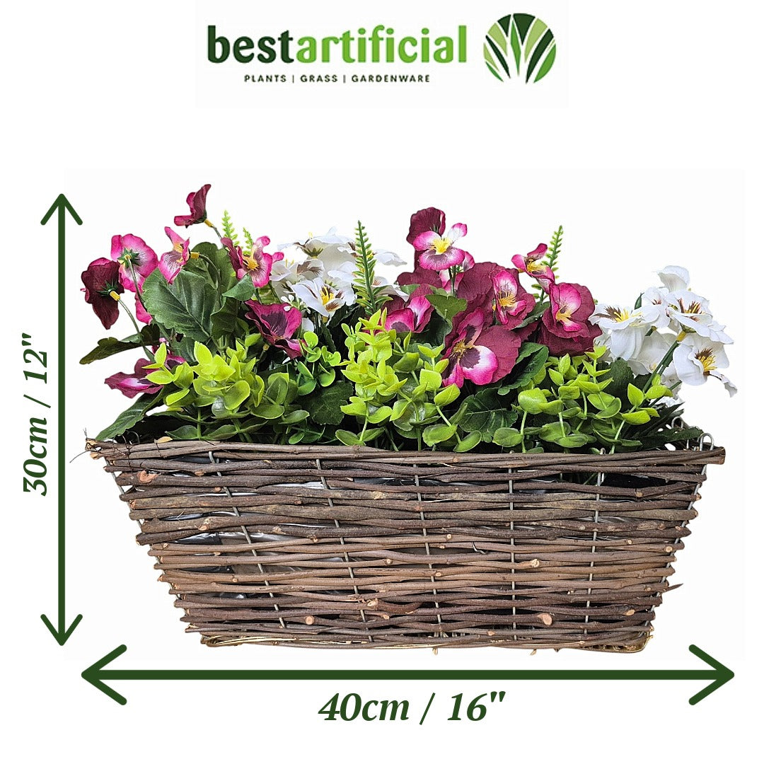 Best Artificial Pre-Made 40cm Pansy Flower Arrangement in Rattan Wicker Trough Pot - Suitable For Outside Use