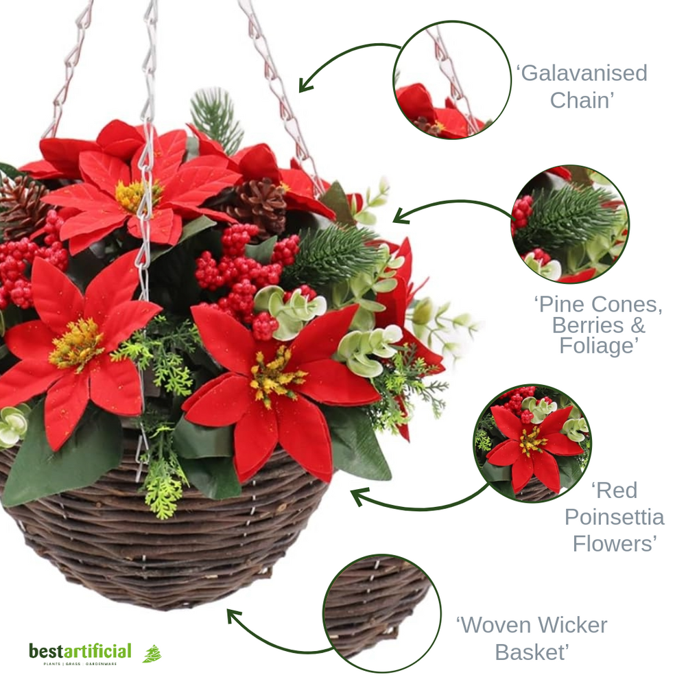Best Artificial 14 inch Christmas Poinsettia Round Hanging Basket