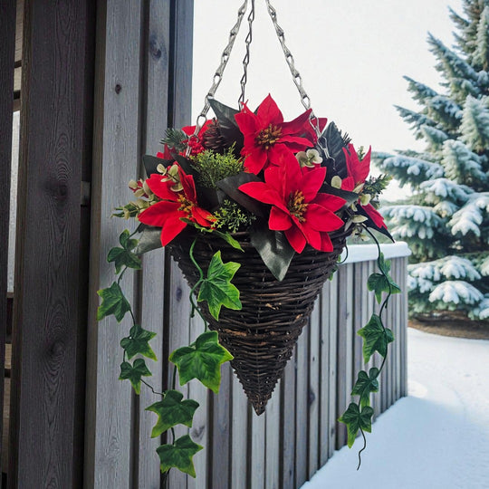 Pair Of Best Artificial 10 inch Poinsettia Cone Hanging Christmas Baskets With Trailing Ivy