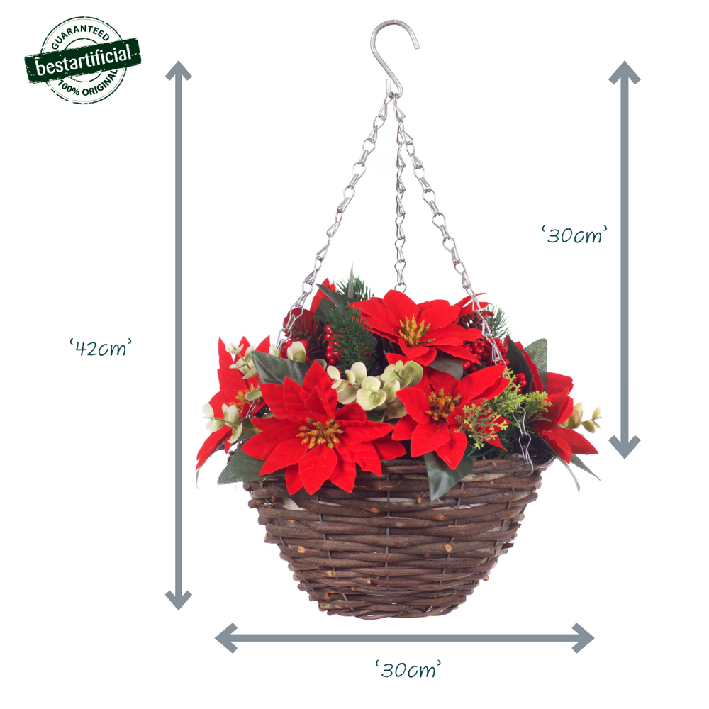Artificial Red Poinsettia Hanging Basket
