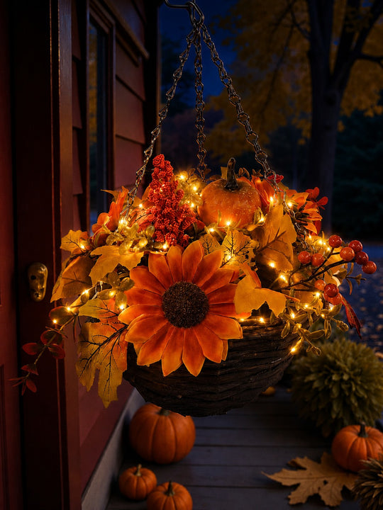 Best Artificial Pre-Lit 10 inch Autumn Halloween Flower Pumpkin Hanging Basket Decoration with 20 Warm White LED's