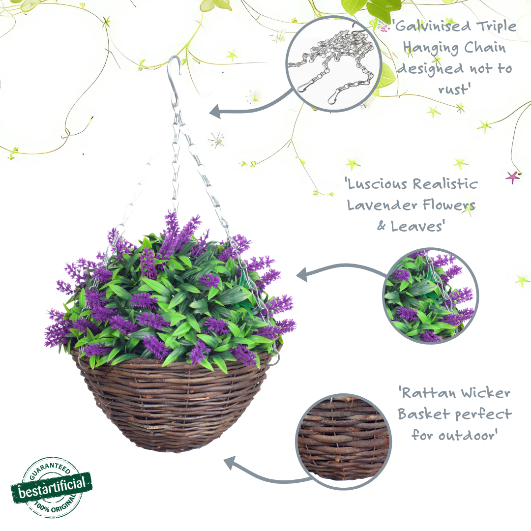 Pair Of Best Artificial 10 inch Lavender Hanging Baskets - Suitable for Outdoor Use - Weather Resistant (Purple)
