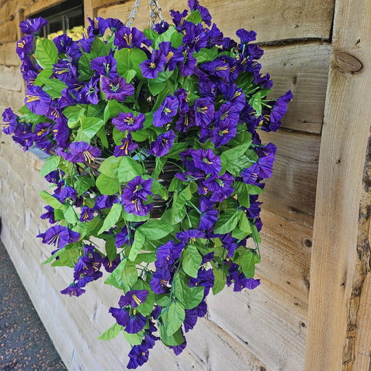 Best Artificial 60cm Morning Glory Flower Display in 10" Round Wicker Rattan Basket - Suitable for Outdoor, Indoor and Garden (Purple)