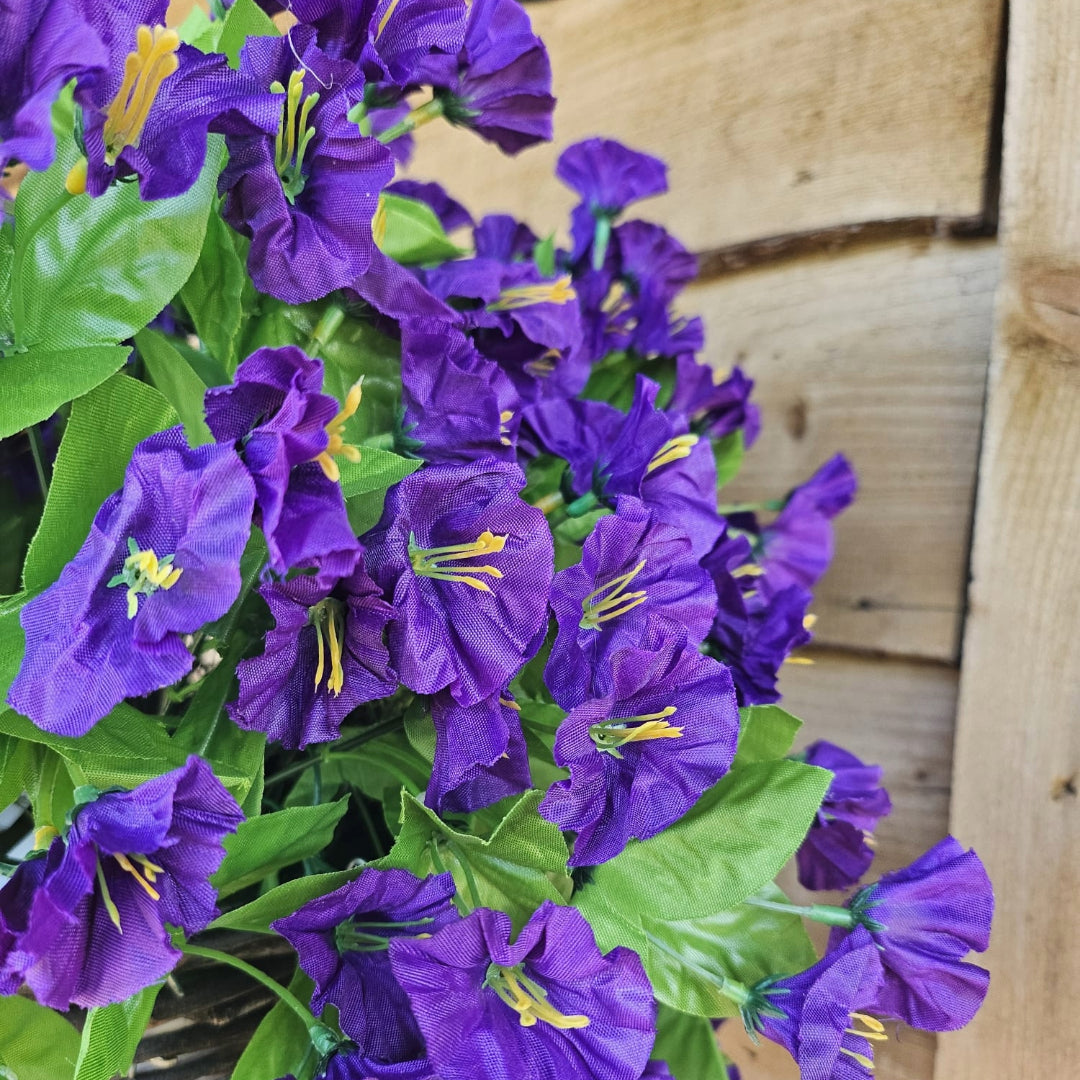 Best Artificial 28cm Morning Glory Flower Display in 10" Round Wicker Rattan Basket - Suitable for Outdoor, Indoor and Garden (Purple)