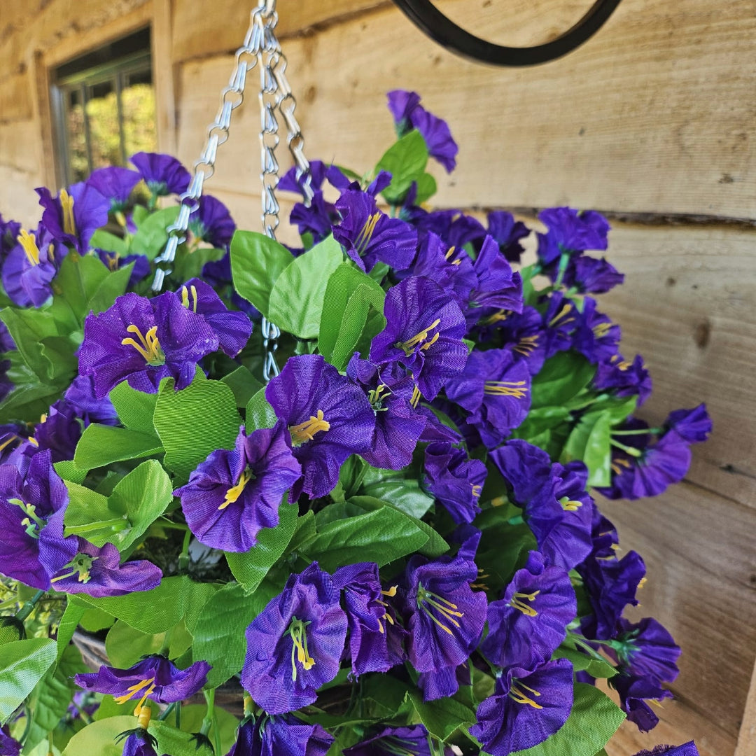 Best Artificial 28cm Morning Glory Flower Display in 10" Round Wicker Rattan Basket - Suitable for Outdoor, Indoor and Garden (Purple)