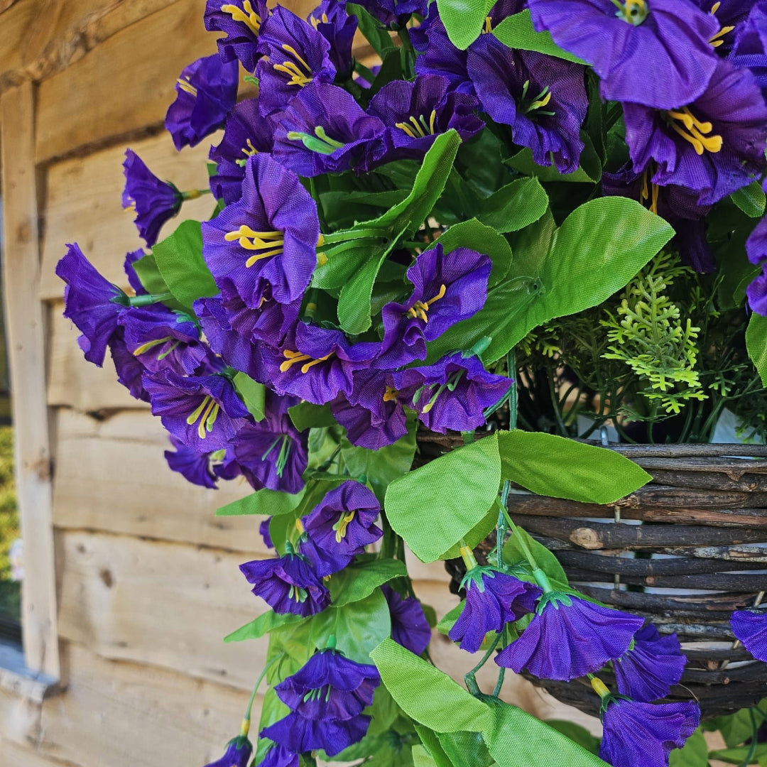 Best Artificial 28cm Morning Glory Flower Display in 10" Round Wicker Rattan Basket - Suitable for Outdoor, Indoor and Garden (Purple)