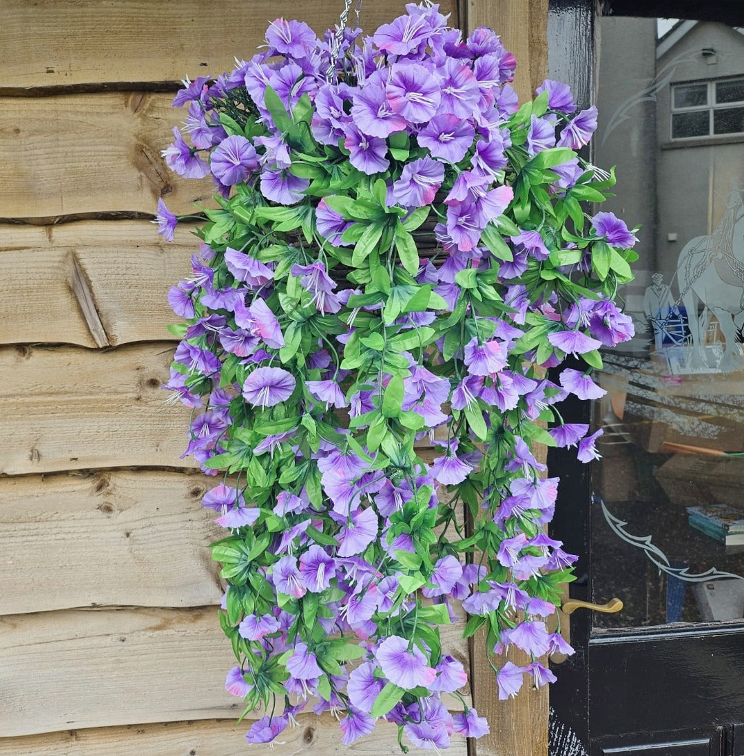 Best Artificial 75cm Morning Glory Flower Display in 10" Round Wicker Rattan Basket - Suitable for Indoor and Garden (Purple)