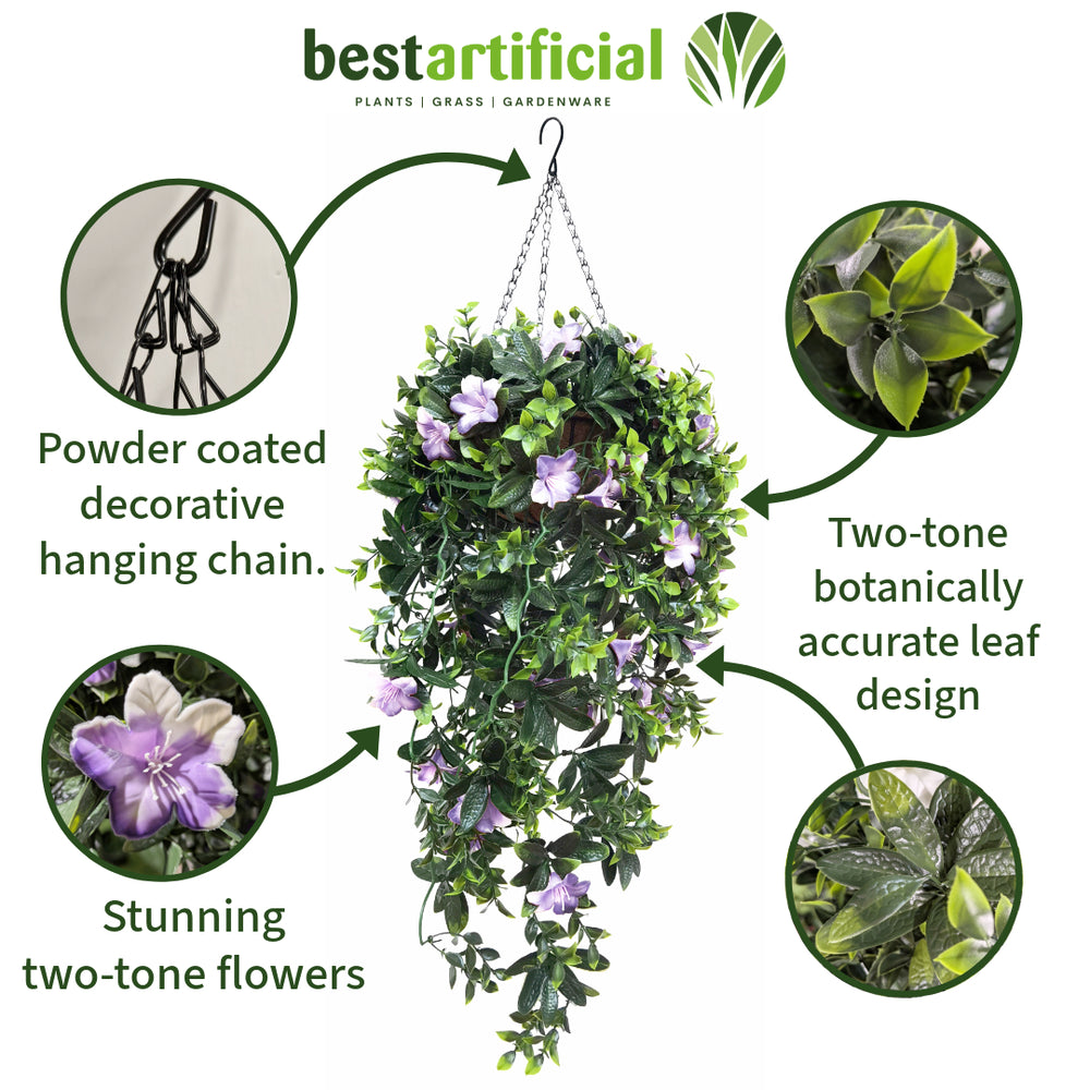 Best Artificial 90cm / 35 inch UV Stable Purple & White Trailing Azalea Hanging Basket with Cascading Flowers for Garden