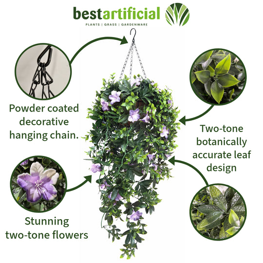 Best Artificial 90cm / 35 inch UV Stable Purple & White Trailing Azalea Hanging Basket with Cascading Flowers for Garden
