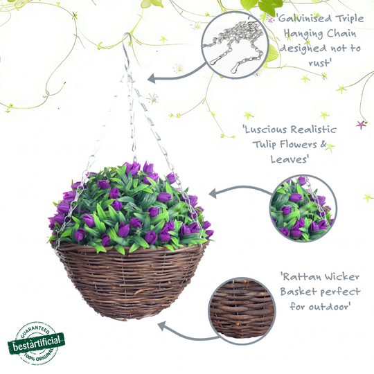 Best Artificial 28cm Tulip Flower Display in 10" Wicker Rattan Basket - Suitable for Outdoor, Indoor and Garden (Purple)