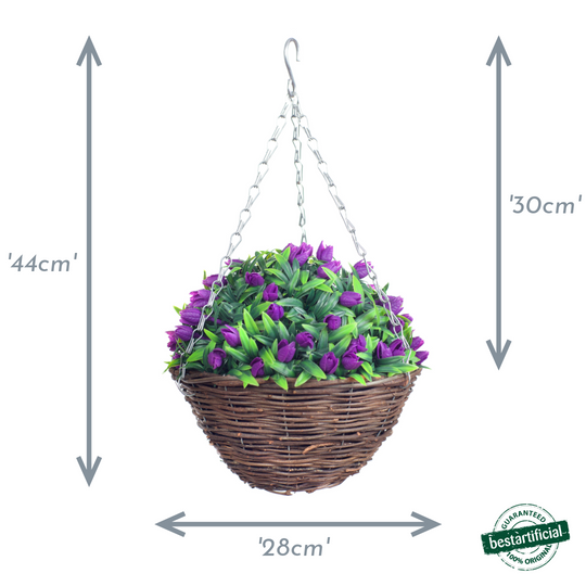 Best Artificial 28cm Tulip Flower Display in 10" Wicker Rattan Basket - Suitable for Outdoor, Indoor and Garden (Purple)