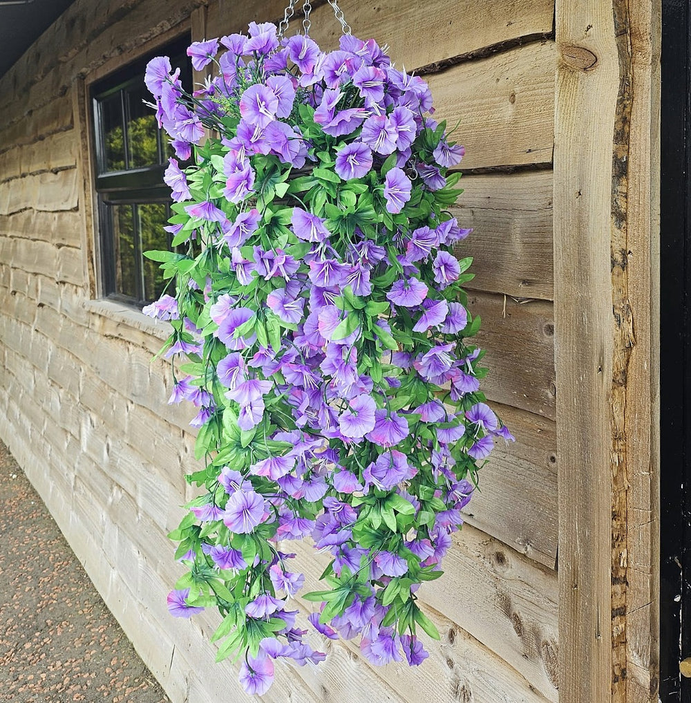 Best Artificial 75cm Morning Glory Flower Display in 10" Round Wicker Rattan Basket - Suitable for Indoor and Garden (Purple)