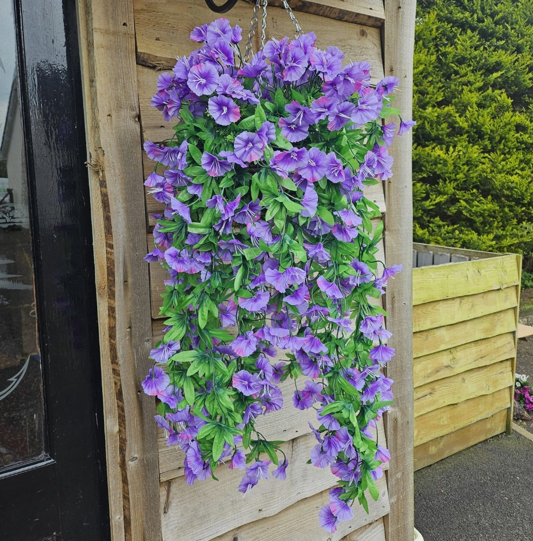 Best Artificial 75cm Morning Glory Flower Display in 10" Round Wicker Rattan Basket - Suitable for Indoor and Garden (Purple)