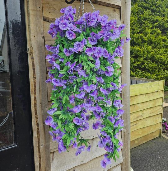 Best Artificial 75cm Morning Glory Flower Display in 10" Round Wicker Rattan Basket - Suitable for Indoor and Garden (Purple)