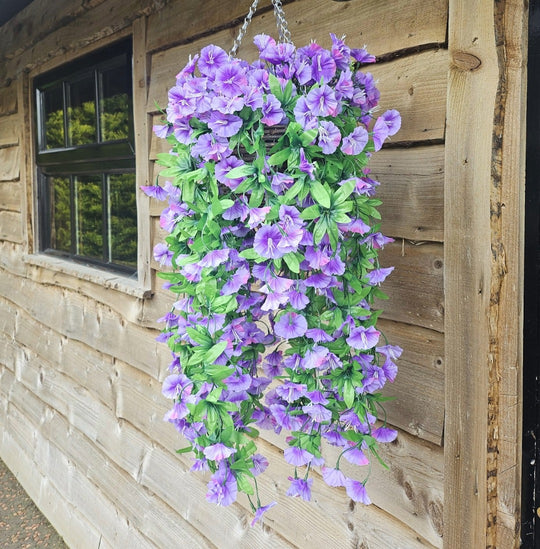 Best Artificial 75cm Morning Glory Flower Display in 10" Round Wicker Rattan Basket - Suitable for Indoor and Garden (Purple)