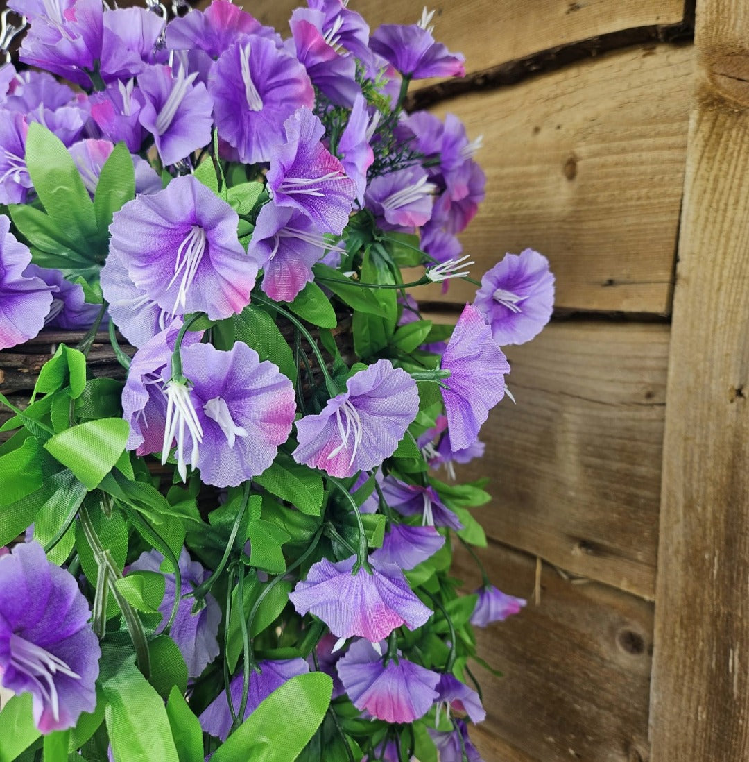 Best Artificial 75cm Morning Glory Flower Display in 10" Round Wicker Rattan Basket - Suitable for Indoor and Garden (Purple)