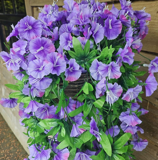 Best Artificial 75cm Morning Glory Flower Display in 10" Round Wicker Rattan Basket - Suitable for Indoor and Garden (Purple)