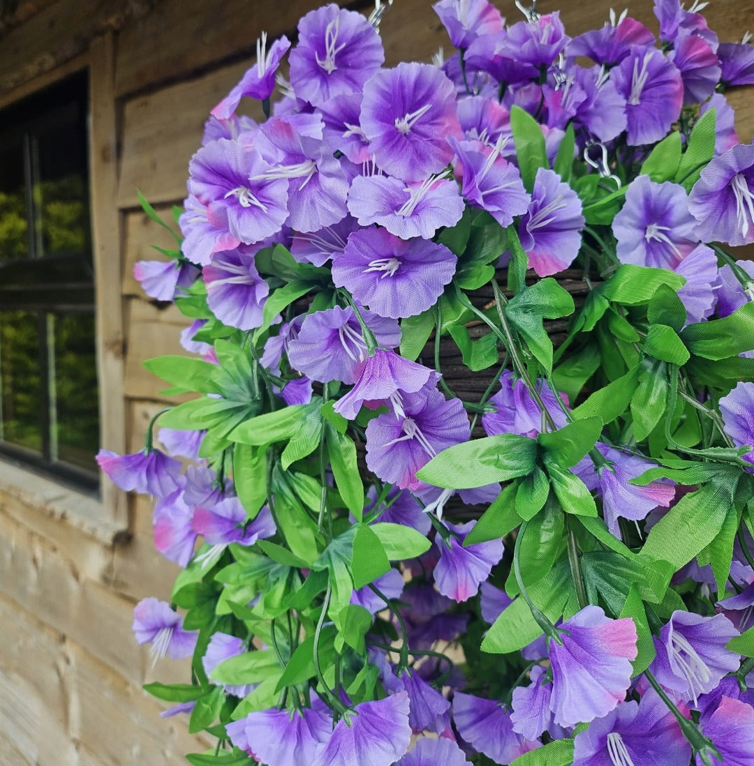 Best Artificial 75cm Morning Glory Flower Display in 10" Round Wicker Rattan Basket - Suitable for Indoor and Garden (Purple)