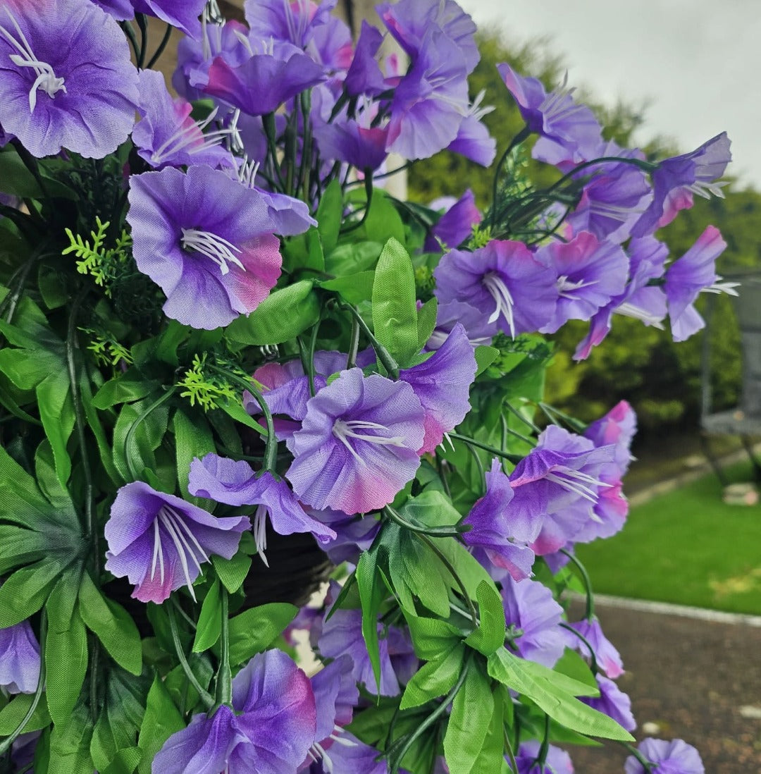 Best Artificial 75cm Morning Glory Flower Display in 10" Round Wicker Rattan Basket - Suitable for Indoor and Garden (Purple)