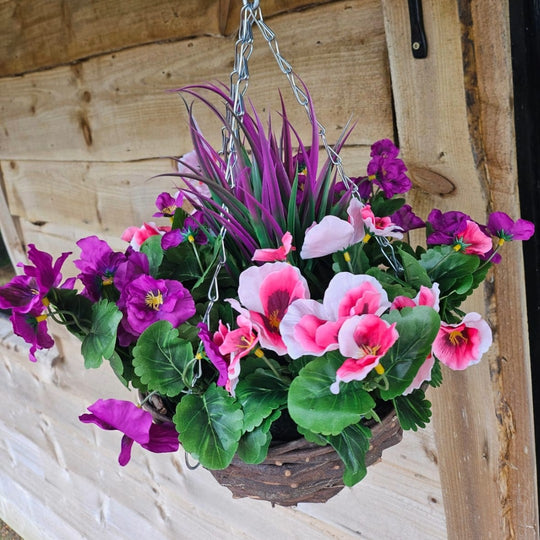 Best Artificial 10 inch Pansy Hanging Basket - Suitable for Outdoor Use - Weather Resistant