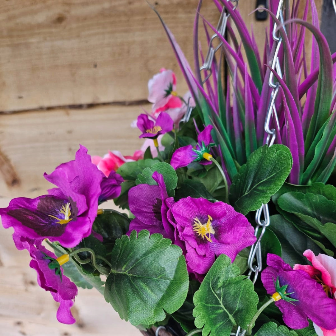 Pair Of Best Artificial 10 inch Pansy Hanging Baskets - Suitable for Outdoor Use - Weather Resistant (Pink & Purple)