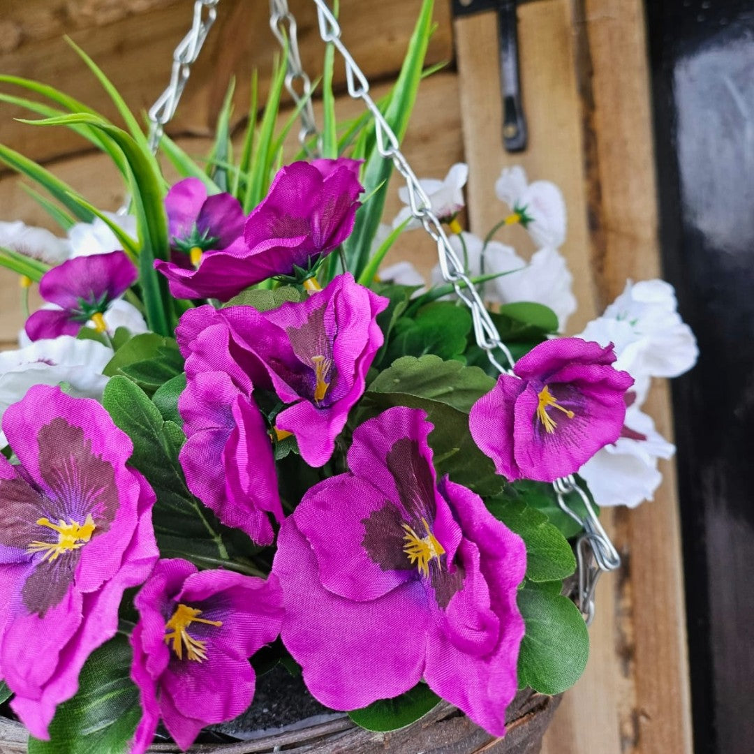 Best Artificial 23cm Pansy Hanging Basket - Suitable for Outdoor Use - Weather Resistant (Purple & White)