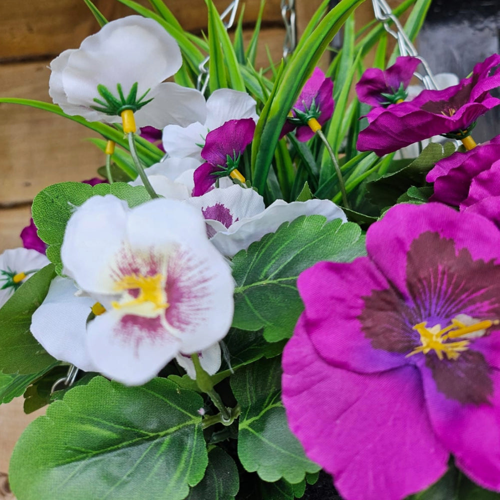 Pair Of Best Artificial 10 inch Pansy Hanging Baskets - Suitable for Outdoor Use - Weather Resistant (Plum & White)