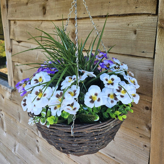 Best Artificial Purple & White Pansy and Geranium Display in 14 inch Round Wicker Hanging Basket - Suitable For Outdoors