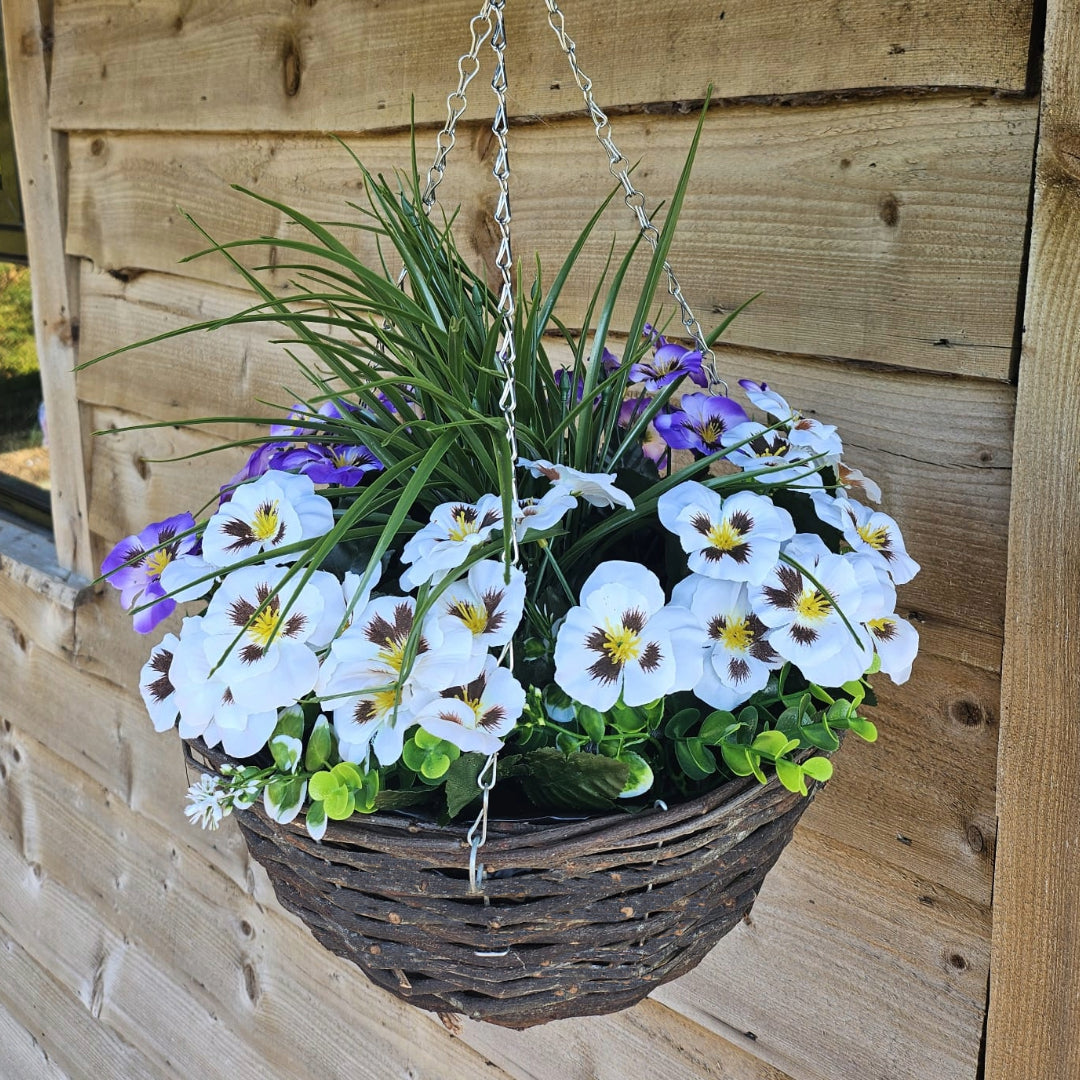 Best Artificial Purple & White Pansy Display in 14 inch Round Wicker Hanging Basket - Suitable For Outdoors