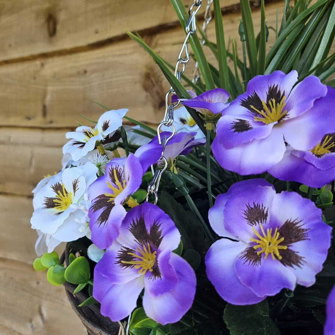 Best Artificial Purple & White Pansy Display in 14 inch Round Wicker Hanging Basket - Suitable For Outdoors