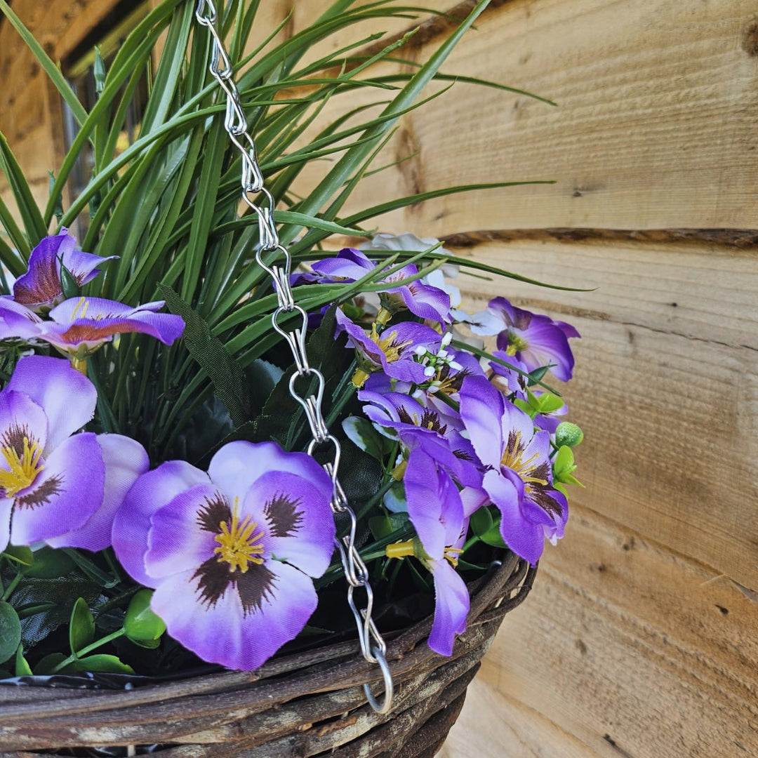 Best Artificial Purple & White Pansy Display in 14 inch Round Wicker Hanging Basket - Suitable For Outdoors