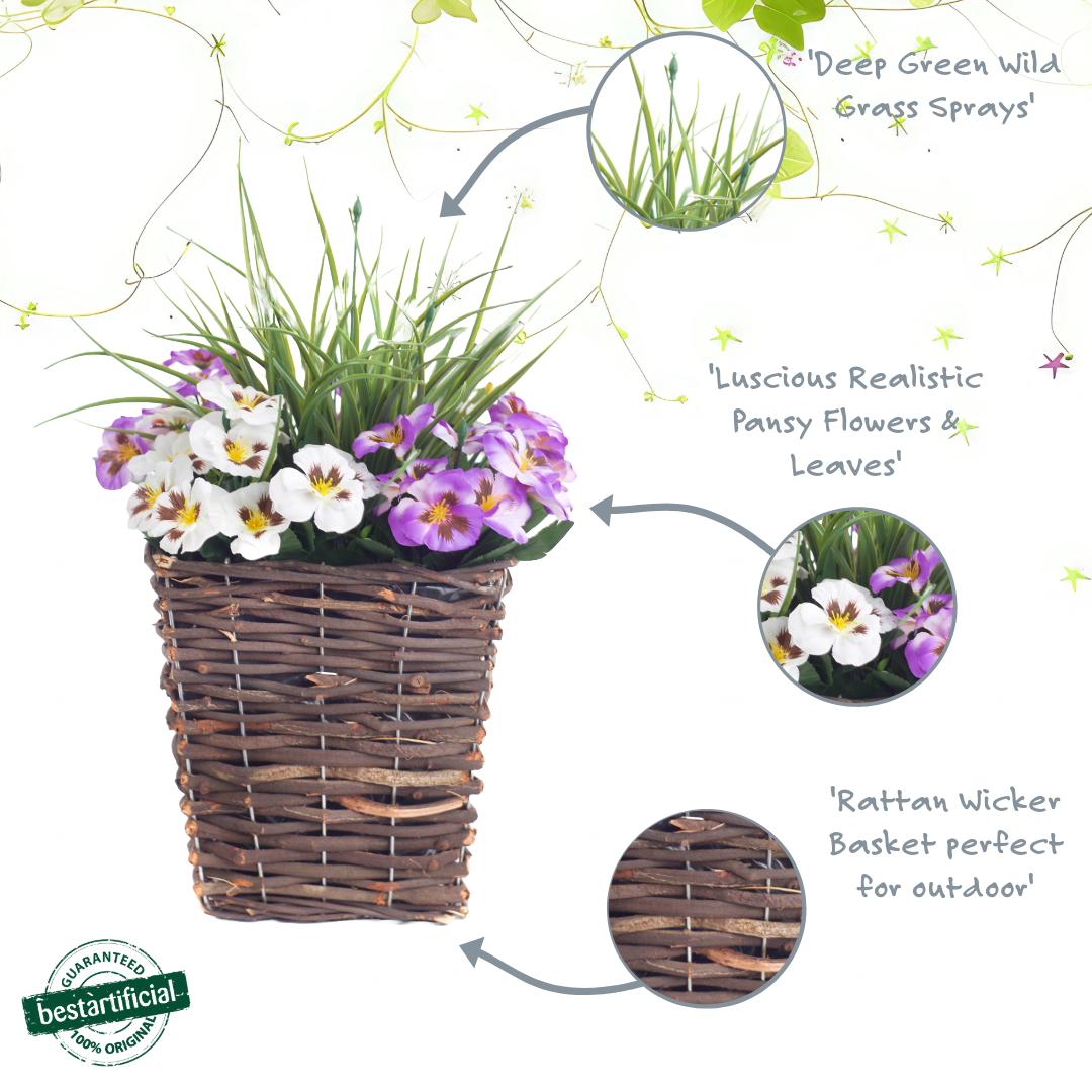 Pansy Display in 44cm Square Wicker Planter Pot - Suitable For Indoor, Outdoor Use