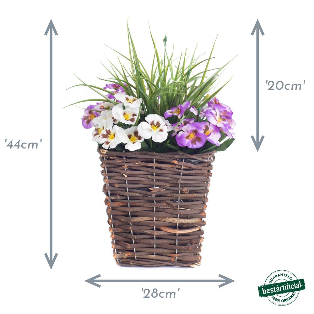 Pansy Display in 44cm Square Wicker Planter Pot - Suitable For Indoor, Outdoor Use