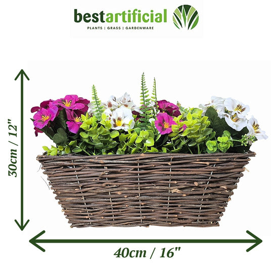 Best Artificial Pre-Made 40cm Pansy Flower Arrangement in Rattan Wicker Trough Pot - Suitable For Outside Use