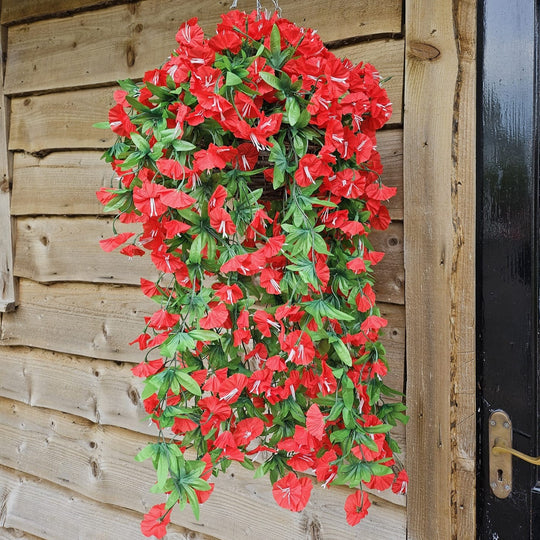 Best Artificial 75cm Morning Glory Flower Display in 10" Round Wicker Rattan Basket - Suitable for Indoor and Garden (Red)