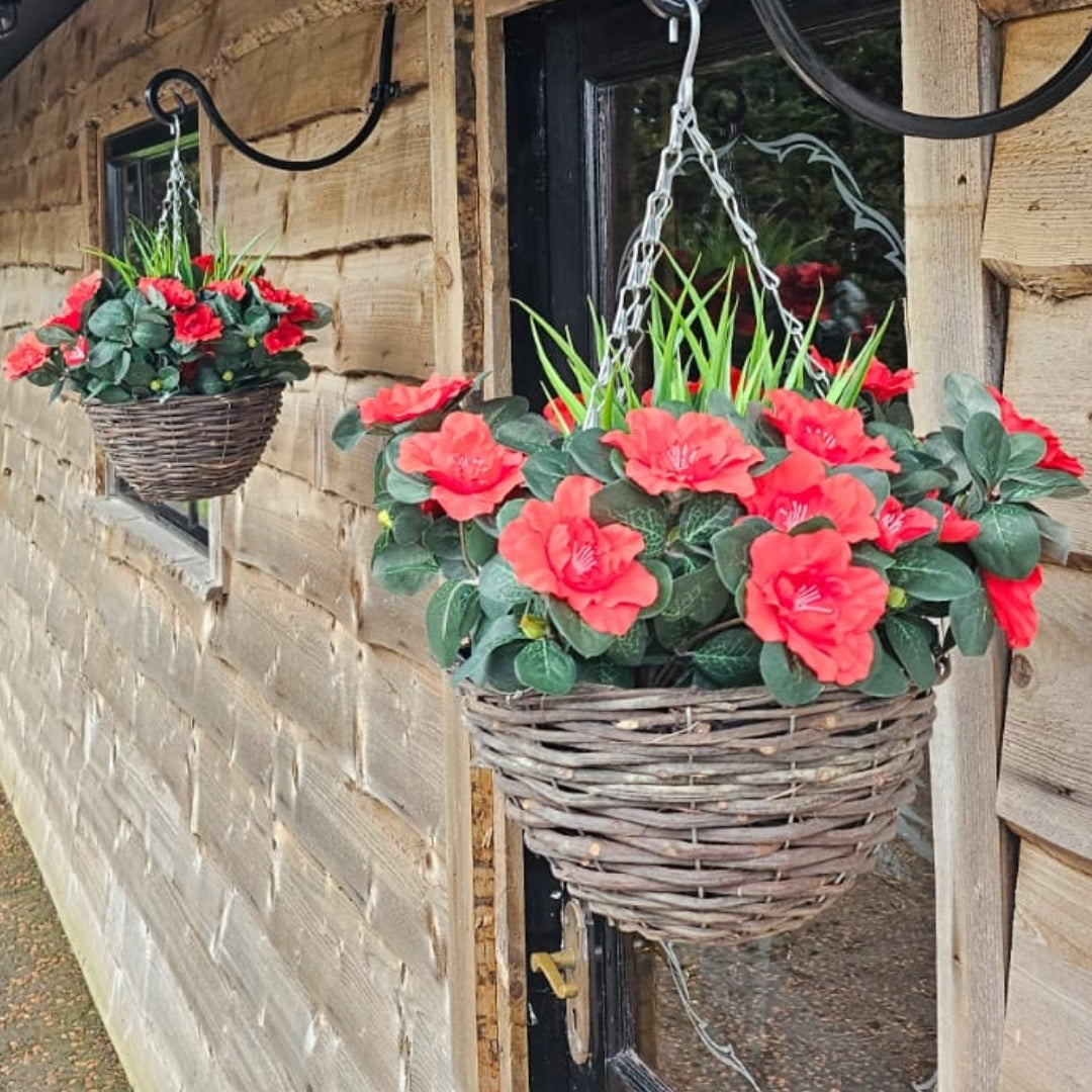 Best Artificial 28cm Azalea Flower Display in 10" Wicker Rattan Basket - Suitable for Outdoor, Indoor and Garden (Red)
